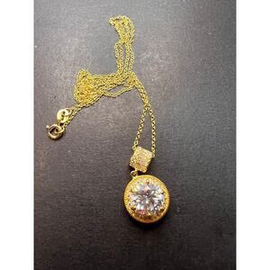 Signed FZN gold over Sterling CZ halo pendant and chain necklace